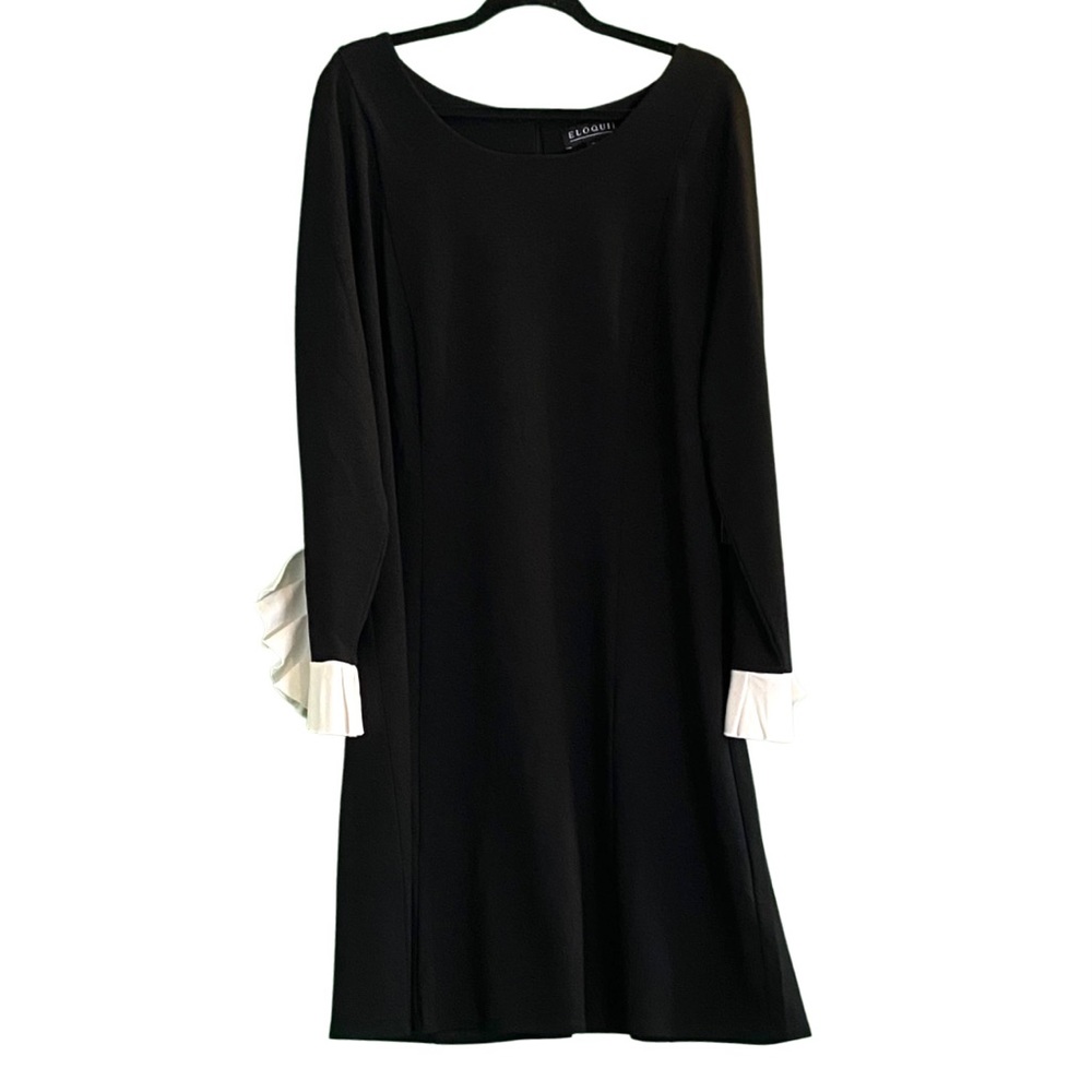 Eloquii Long Sleeve Ivory Ruffle Cuff Round Neck Black Knit Sheath Dress Size 22 - Picture 5 of 8